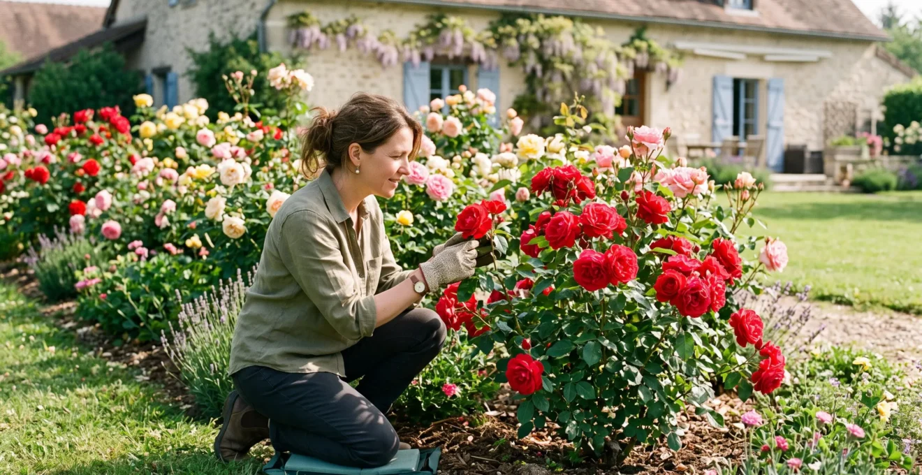 Une jardinière examine un massif de rosiers en fleurs aux couleurs variées dans un jardin ensoleillé.