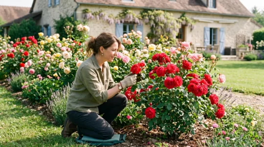 Une jardinière examine un massif de rosiers en fleurs aux couleurs variées dans un jardin ensoleillé.